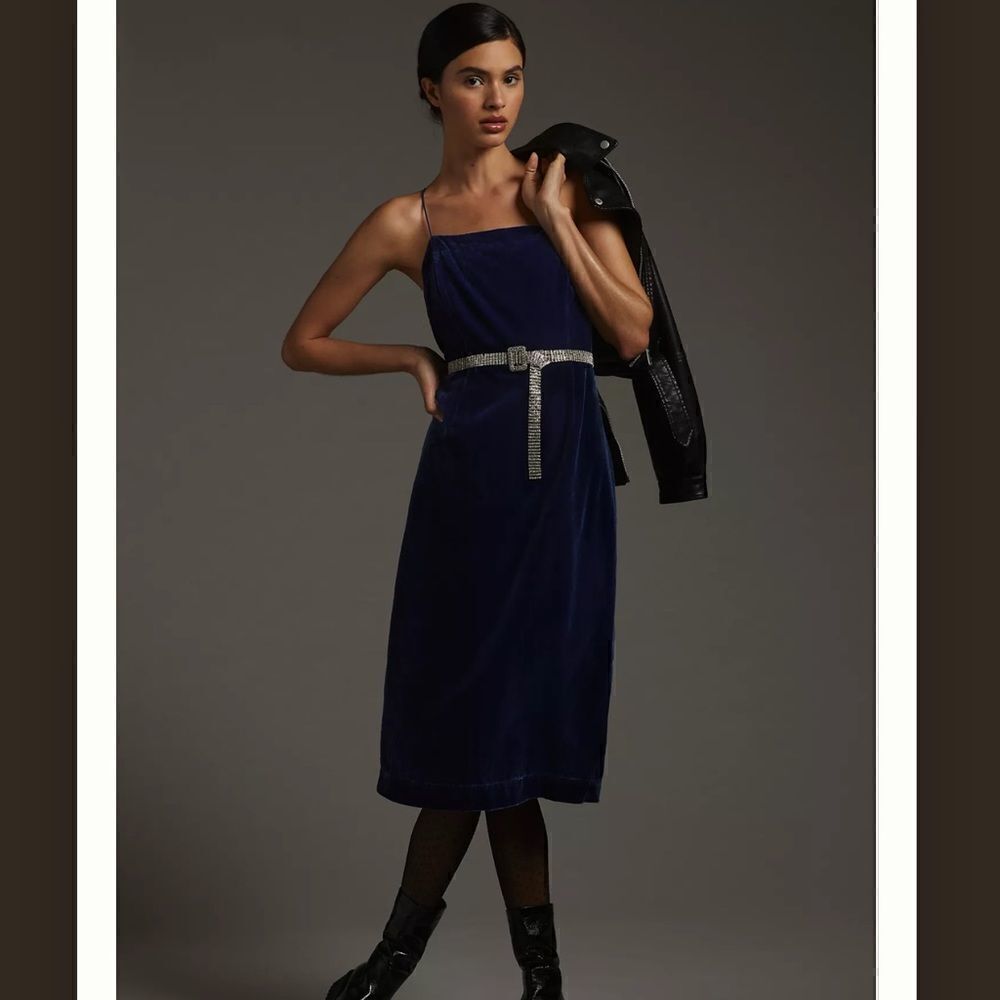 NWT Anthropologie Velvet Slip Midi Dress Blue Size 12